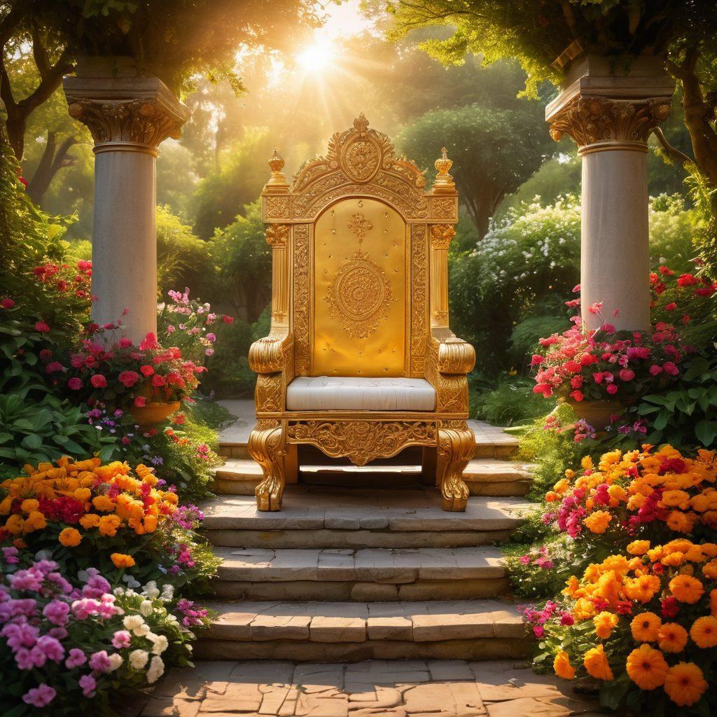 A majestic, golden throne adorned with intricate designs, surrounded by lush greenery and blooming flowers. In the foreground, a path of vibrant petals leads towards the throne, symbolizing the journey to happiness. A radiant sun sets in the background, casting an ethereal glow that enhances the regal theme. Capture the essence of joy and positivity in the colors and elements of the scene. vibrant colors. super-realistic.