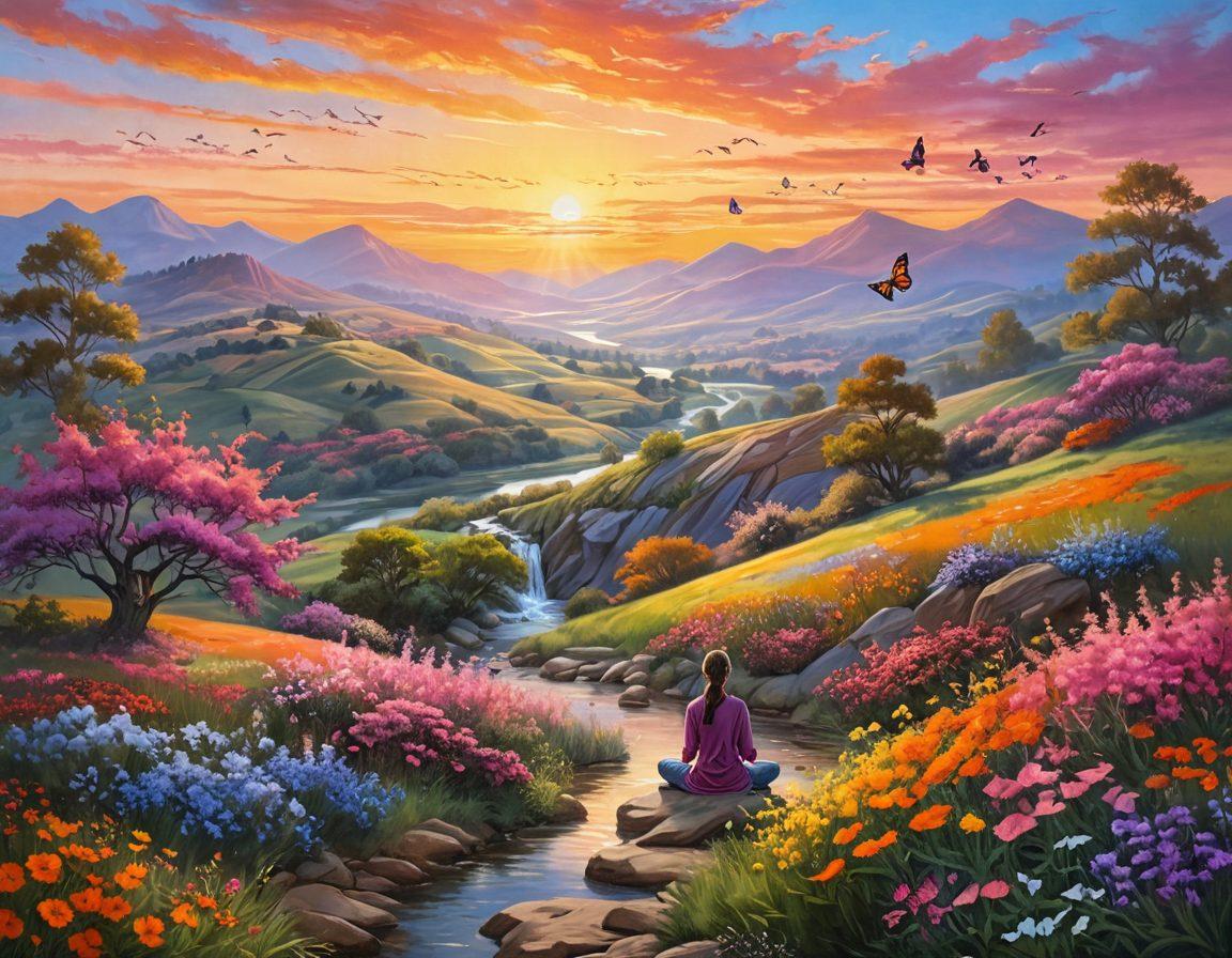 A serene landscape featuring a radiant sunrise over rolling hills, with a person meditating in the foreground, surrounded by blooming flowers and butterflies. The sky is painted in vibrant hues of orange, pink, and yellow, symbolizing joy and tranquility. Add elements like a gentle stream flowing nearby and birds soaring in the background. super-realistic. vibrant colors. harmonious. peaceful atmosphere.