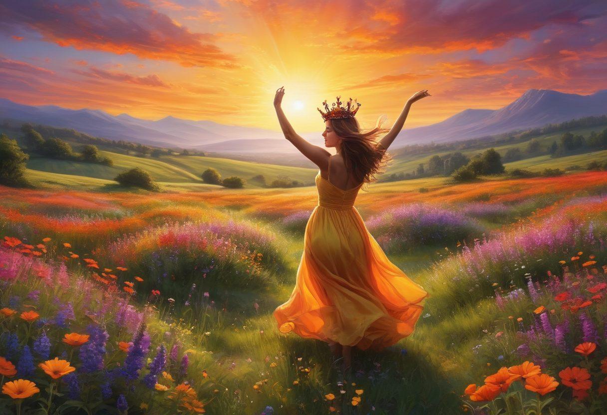A colorful and dynamic scene depicting a person joyfully dancing in a field of vibrant wildflowers, with a crown made of sunshine on their head, symbolizing the reign over happiness. Surrounding them are playful Rex-like creatures, representing inner joy and freedom, basking in the warm glow of a sunset sky filled with swirling colors. The overall atmosphere should radiate positivity and ecstatic moments. vibrant colors. super-realistic. whimsical style.